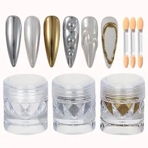 3 Jars Pearl Chrome Nail Powder | Gold Silver + White Pearl Mermaid Glitter | Mirror Metallic Effect for DIY & Salon Nails
