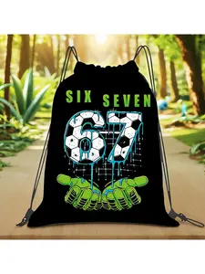 1PC Fun Number 67 Popular Meme Drawstring Backpack with Football Elements 67 Number Pattern Fitness Bag, Drawstring Closure Lightweight and Foldable, Unisex, Suitable for Gyms, Parks, Parties, Campuses, Vacation, Essential for Training and Travel