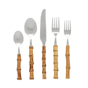 Five Piece Bamboo and Stainless Steel Flatware Set