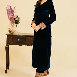 Elegant Navy Blue Velvet 2pc Kurta with Embroidered Cuffs for Women Winter Wear Long Sleeve Dress Sarah Collection Cozy Chic Party Ready