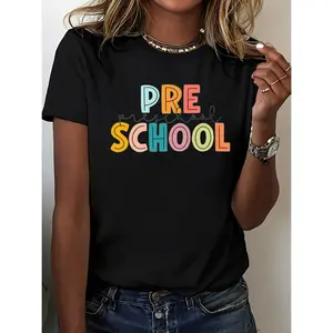 Women's Preschool Teacher T-Shirt 100% Cotton Crew Neck Inspirational Letter Print Tee for Kindergarten & Special Education Teachers Cute Teaching Apparel Gift Idea Top Womenswear