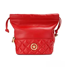 Pre-owned VERSACE Leather, Leather, Leather Tote Bags Red Quilted Leather Drawstring Shoulder Bag Bucket Crossbody Women's Handbag