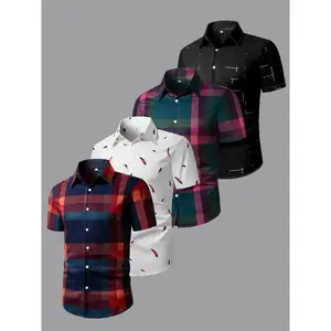 Men's Plaid & Feather Print Short Sleeve Shirt, Regular Fit Casual Comfy Button Collar Top for Summer, Men's Clothes for Daily Wear