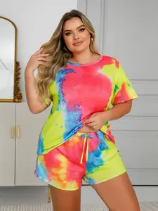 Plus Size Women's Multicolor Tie-Dye Print Short Sleeve Top and Bow Belted Shorts Pajama Set, Matching Pj Set, Super Comfortable Casual Homewear, Loungewear, Soft Sleepwear Loungewear