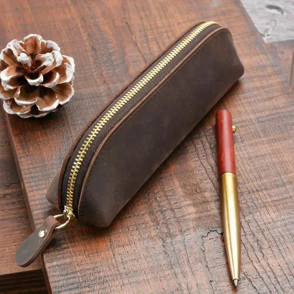 Vintage Leather Pencil Pouch - Zippered Pen Case, Portable Stationery Organizer, Glasses Box for Sports & Outdoor Protective Gear Storage
