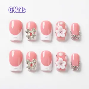 G Nails B01 Cute Sweet White French 3D Bow & Floral Flowers 10pcs Handmade Press On Nails with Glue & Tool Kit for Everyday Spring Manicure Women