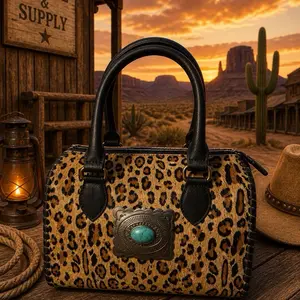 Chetta Leopard Print Handbag with Turquoise Accent and Black Leather Handles