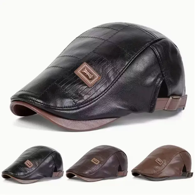 Men's Vintage PU Leather Newsboy Cap, Adjustable Beret Flat Ivy Hat, Fashion Casual Outdoor Headwear for Autumn & Winter Travel Daily Party