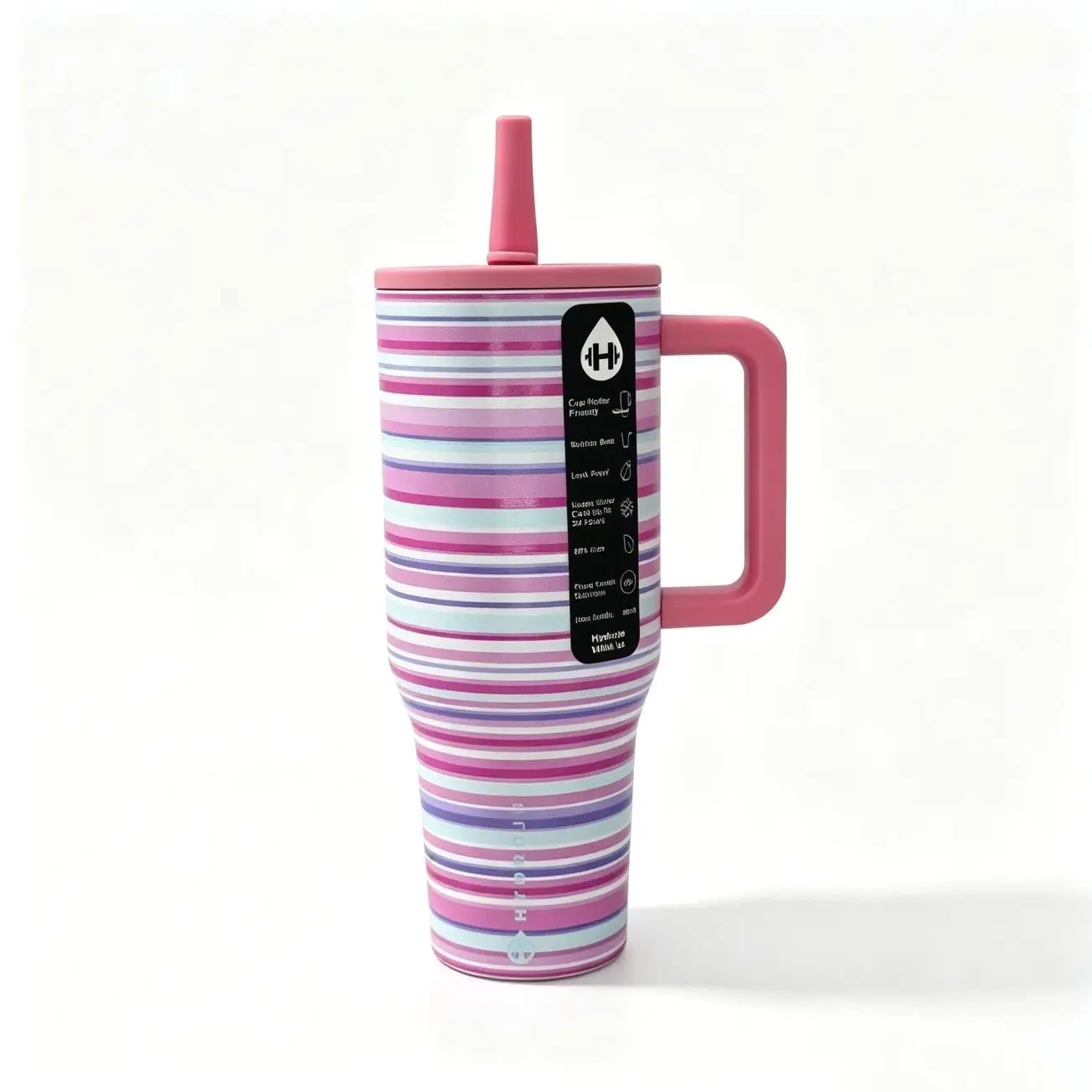HydroJug 40oz Pastel Pink Purple Striped Handle Tumbler, Matching Pink Straw Lid, Leakproof Insulated Stainless Steel Mug, 24 Hour Cold Retention Girly Cup for Car Travel, Office & Daily Commute Drinkware Flasks Bottled Bottles Portable Water Bottles