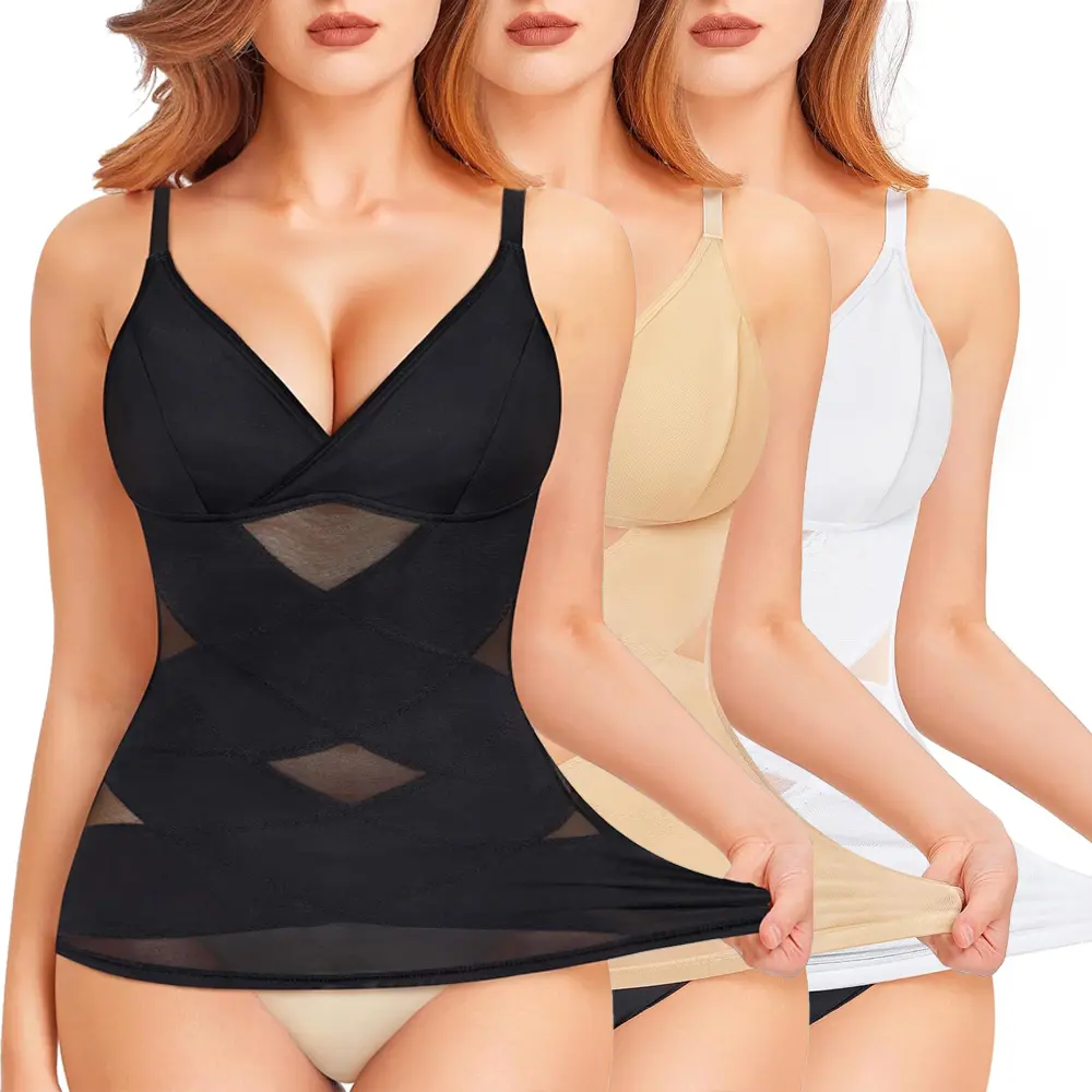 Women's Tummy Control Compression Tank Top - V-Neck Cross Mesh Breathable Cami with Built-In Bra, Adjustable Spaghetti Straps, for Wedding, Party, Work Use