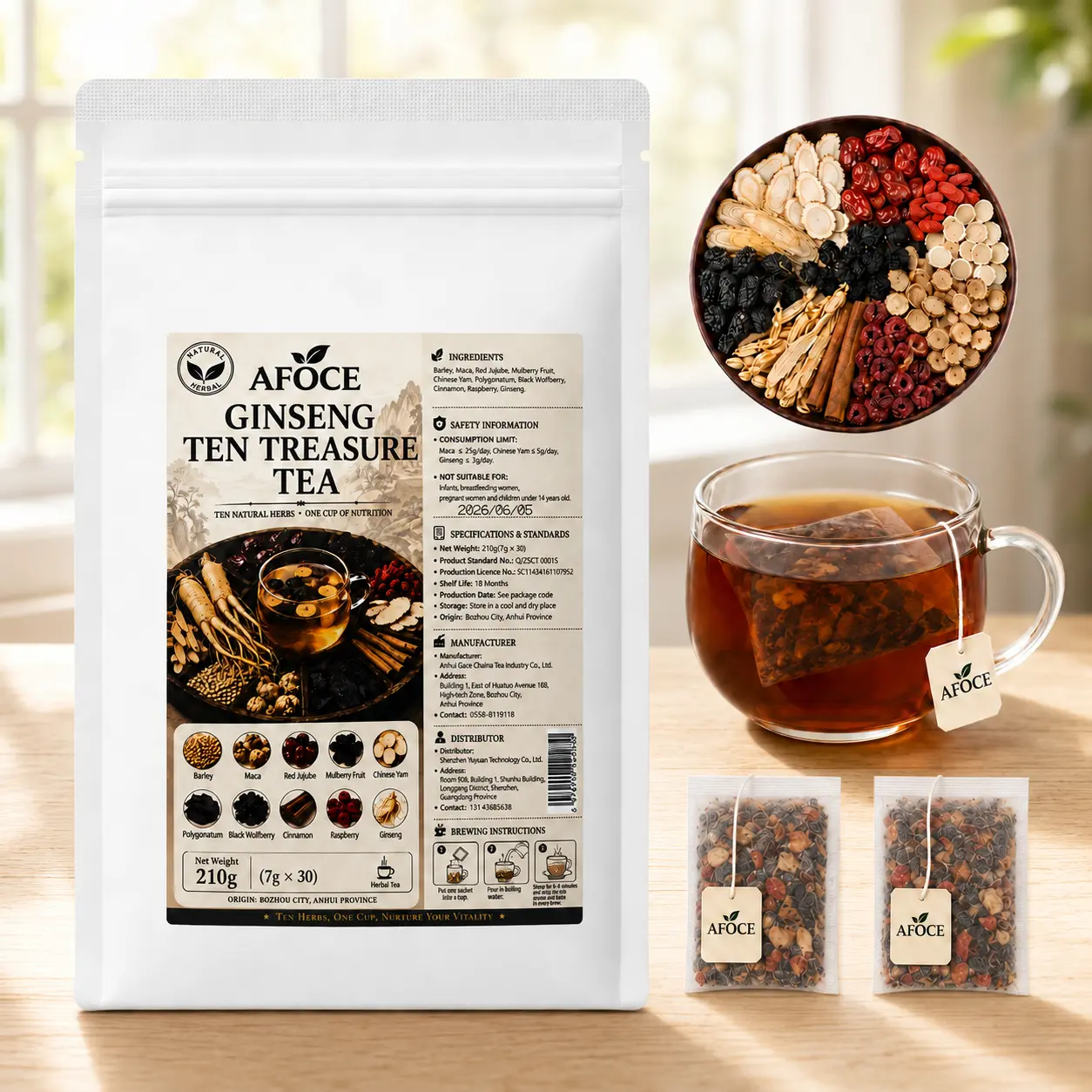 AFOCE Ginseng Herbal Tea Bags, 30-Count (210g) 10-Herb Blend Beverage with Red Date, Black Wolfberry, Maca, Mulberry, Daily Tea for Men & Women
