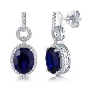 BERRICLE Sterling Silver Halo Drop Dangle Earrings for Women, Sapphire-Blue Oval Cut Cubic Zirconia CZ