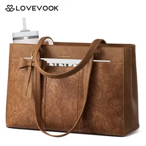 LOVEVOOK Laptop Tote Bag for Women,15.6 Inch Work Bags PU Leather Teacher Tote Bag,Waterproof Quilted Computer Bag for Office Professional Briefcase Gifts