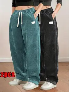 Women’s corduroy wide-leg pants two-pack — high-waisted drawstring design; drapey, fashionable, lightweight, breathable, comfortable casual lounge long pants that are non-stretchy and durable;