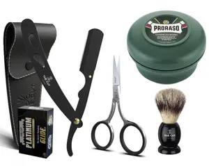 The Cut Shave Kit for Men - Barber Straight Edge Razor, Proraso Soap, Smooth Facial Comfort, 100% Stainless Steel, Razor Handle, Mustache Scissors
