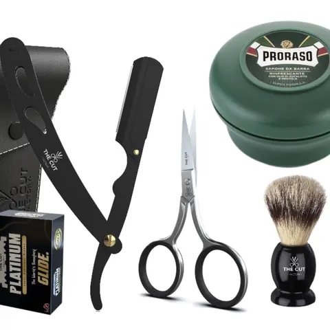 The Cut Shave Kit for Men - Barber Straight Edge Razor, Proraso Soap, Smooth Facial Comfort, 100% Stainless Steel, Razor Handle, Mustache Scissors