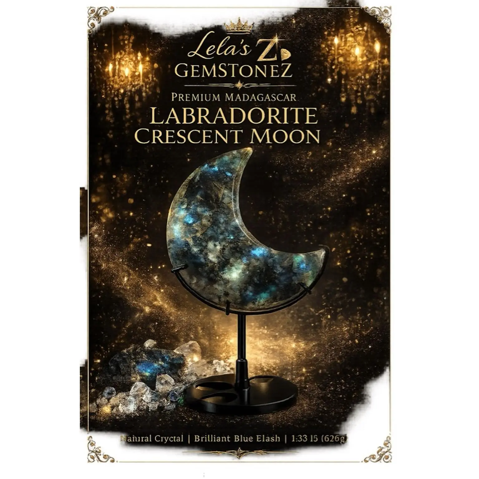 Lela's Z Gemstonez Premium Madagascar Labradorite Crescent Moon with Brilliant Blue Flash Natural Crystal Celestial Home Décor unique