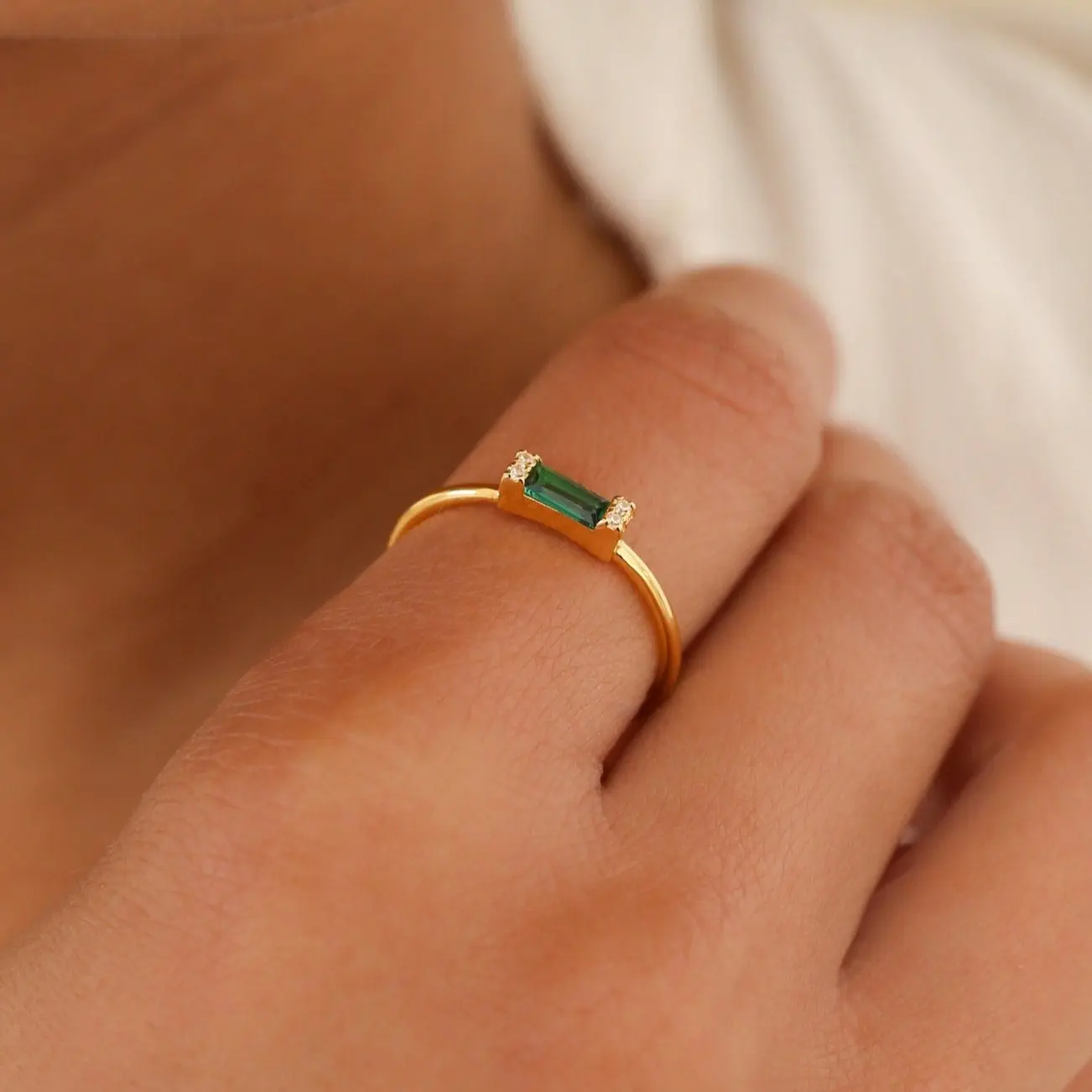 Empire Emerald Ring by Caitlyn Minimalist - Dainty Green Baguette Gemstone Ring in Gold - Minimalist Birthstone Solitaire Ring - Emerald Jewelry - Gift for Her