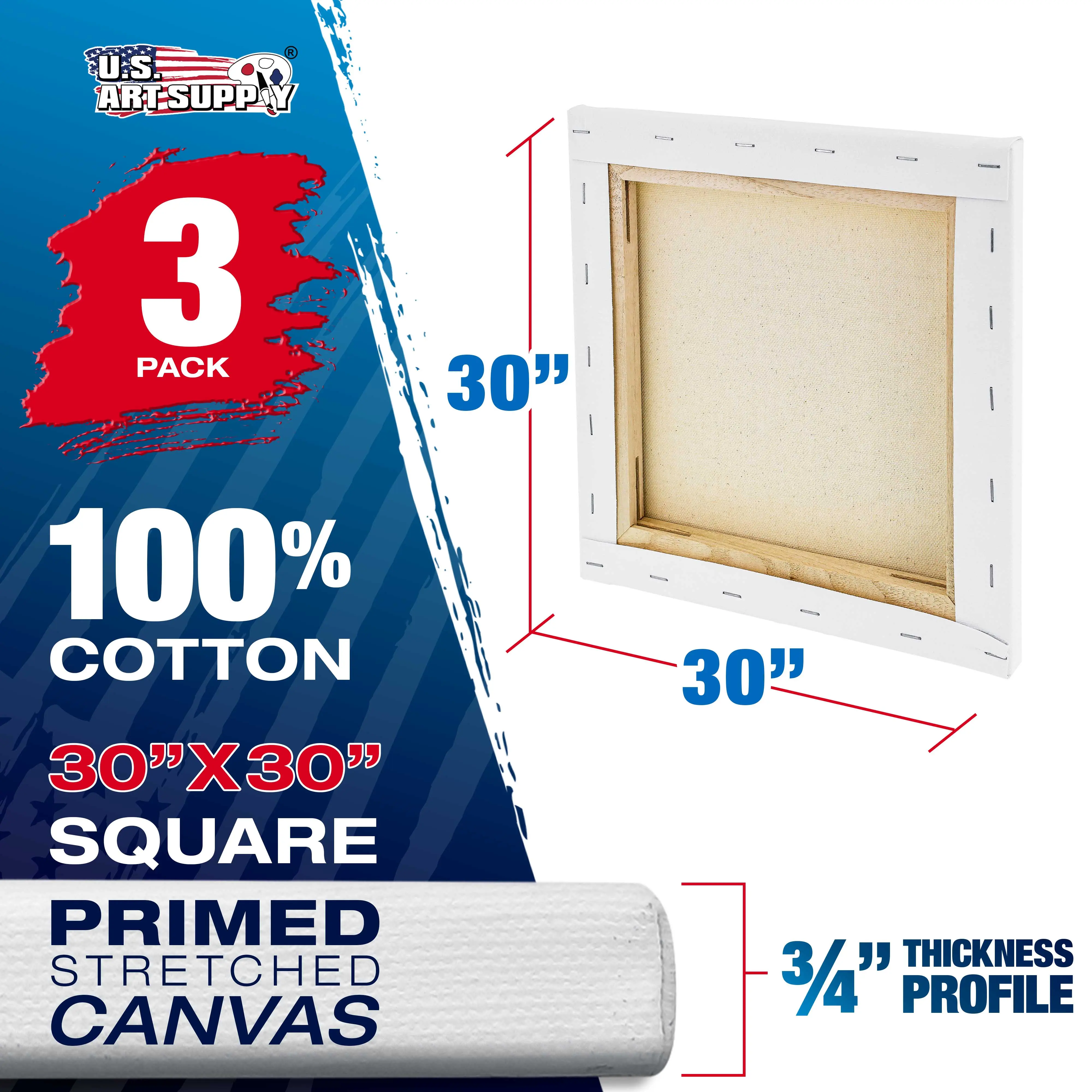 30 x 30 inch Stretched Canvas 12-Ounce Triple Primed, 3-Pack - Professional Artist Quality White Blank 3/4" Profile, 100% Cotton, Heavy-Weight Gesso