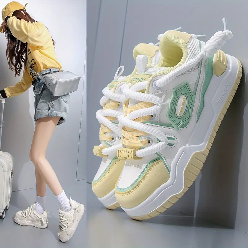 Women's Fashion Sneakers, Korean Style Height-Boosting Chunky Sports Shoes with Breathable Mesh in Light Yellow and Green, Footwear, Athletic