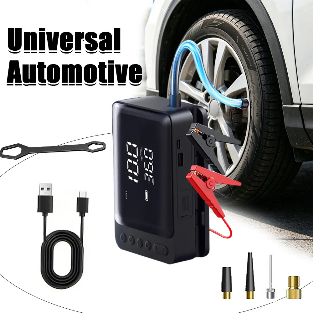Jump Starter with Air Compressor，12V Portable Car Battery Booster with Lcd Display And LED Lights Pressure Gauge for Auto, Motorcycles, Bikes, Balls
