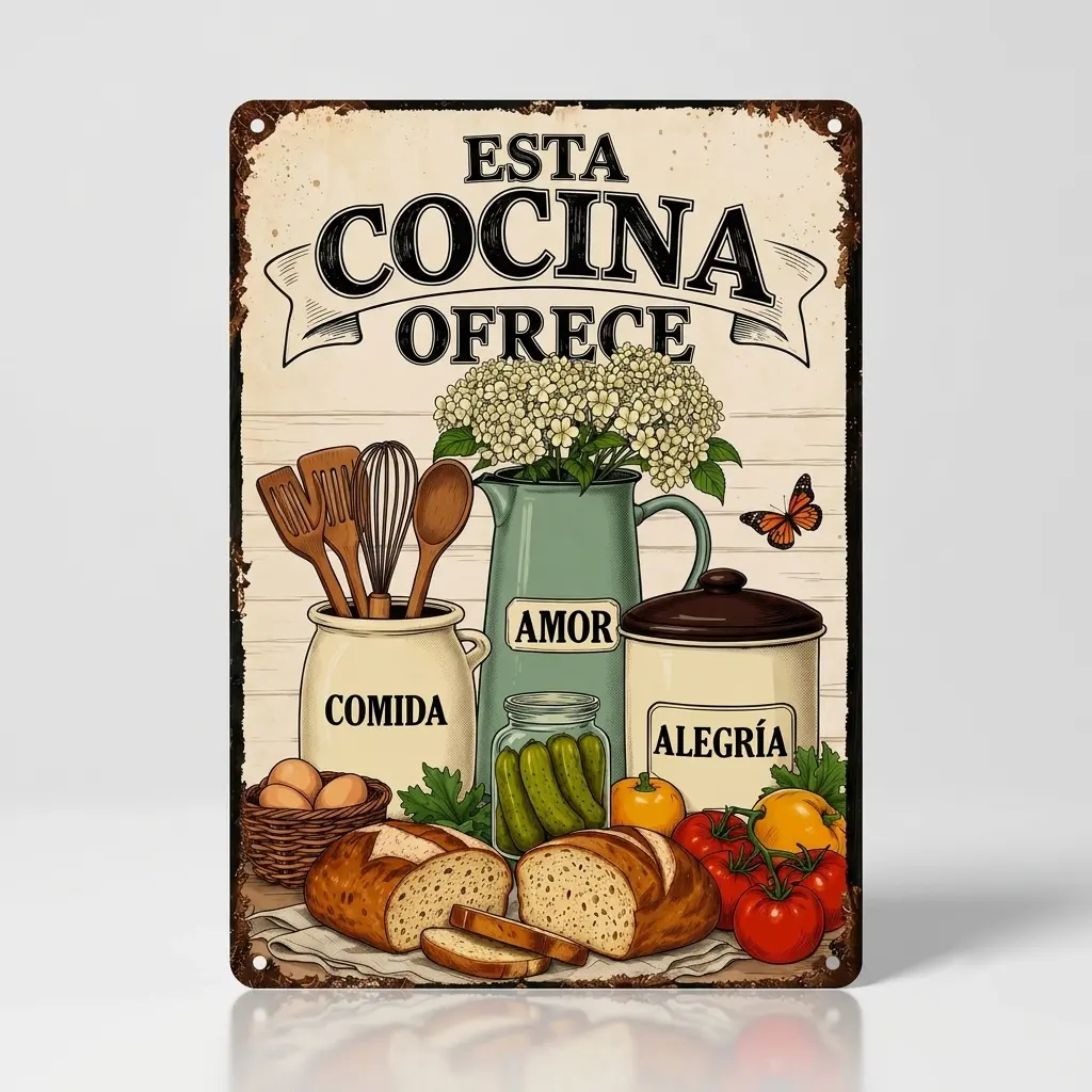 8x12in Spanish Kitchen Metal Sign - "Esta Cocina Ofrece" Vintage Food Flower Wall Plaque, Country Farmhouse Home Decor for Dining Room, Unique Novelty Gift for Women Mom