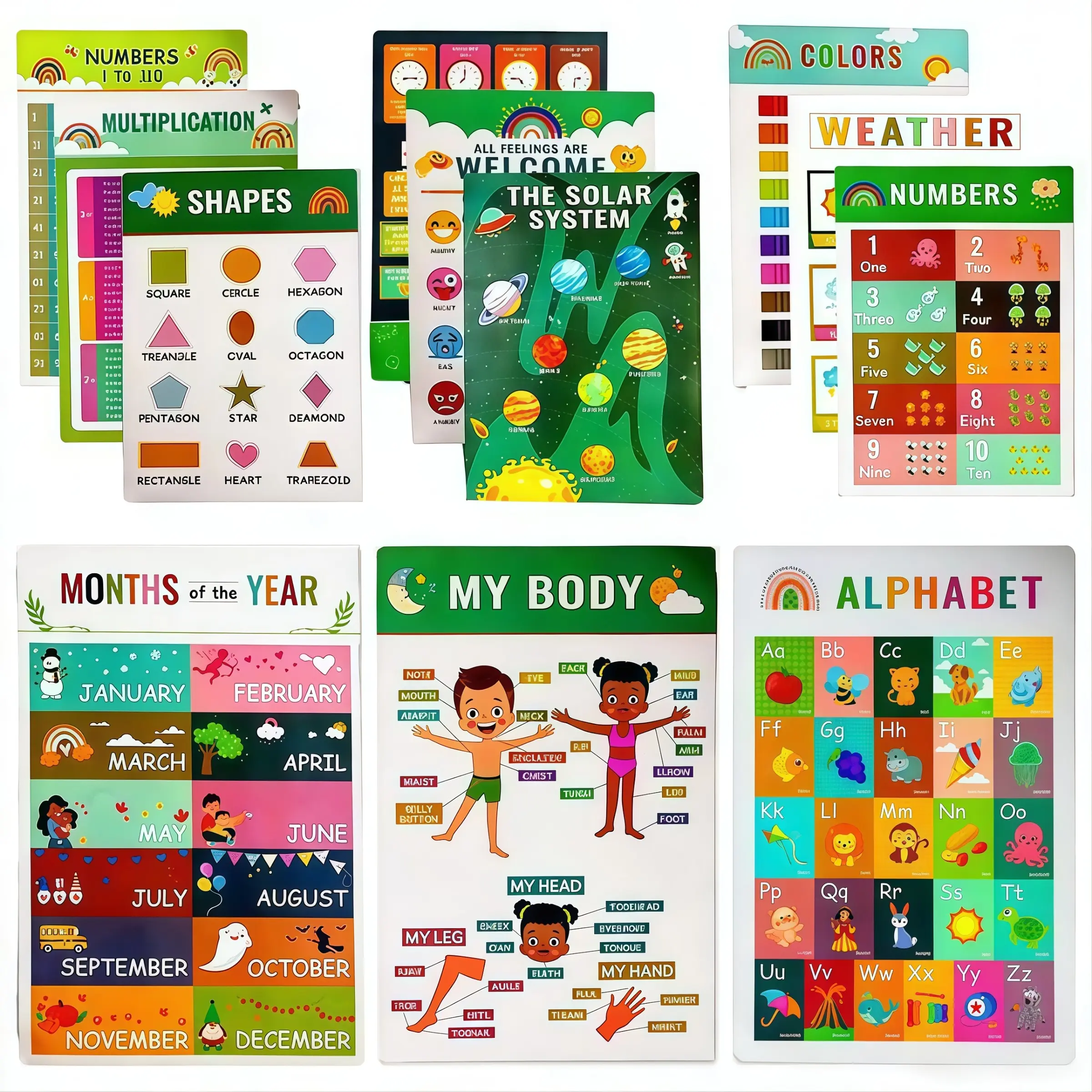 Colorful Educational Posters Set of 12, Preschool Learning Charts (laminated), Ideal for Kindergarten, Enhances Learning Skills, Visual Learning Tools