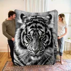 1Pc Cozy Majestic Black And White Tiger Stripe Flannel Blanket, Fashionable, Soft, And Warm All-Season Multi-Purpose Gift Printed Flannel Blanket, Perfect For Sofa, Bed, Office, And Travel, Ideal Holiday Birthday Gift For Family And Friends