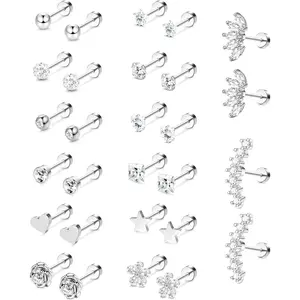 14 Pairs 316L Stainless Steel Flat Back Earring Set | Star, Heart & Flower CZ Cartilage Studs | 18G Hypoallergenic Tragus & Helix Piercing Jewelry