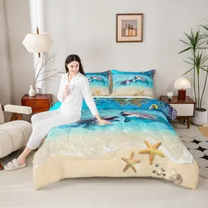 Cute Dolphin Comforter Setstarfish Coral Marine Life Bedding Set for Kids Teens Adults Room Decor,Hawaii Beach Quilt Set,Blue Romantic Duvet Insert