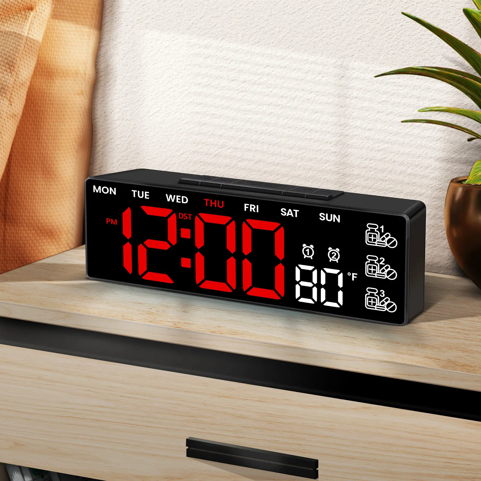 Clock with Day and Time for Elderly, 7" Large Display Digital Calendar Day Clock with AUTO DST and Temperature, 2 Custom Alarms and 3 Reminders Medicine Alarms, 3 Dimmable Dementia Alzheimers Clocks for Seniors, Gifts For Grandpa Grandma