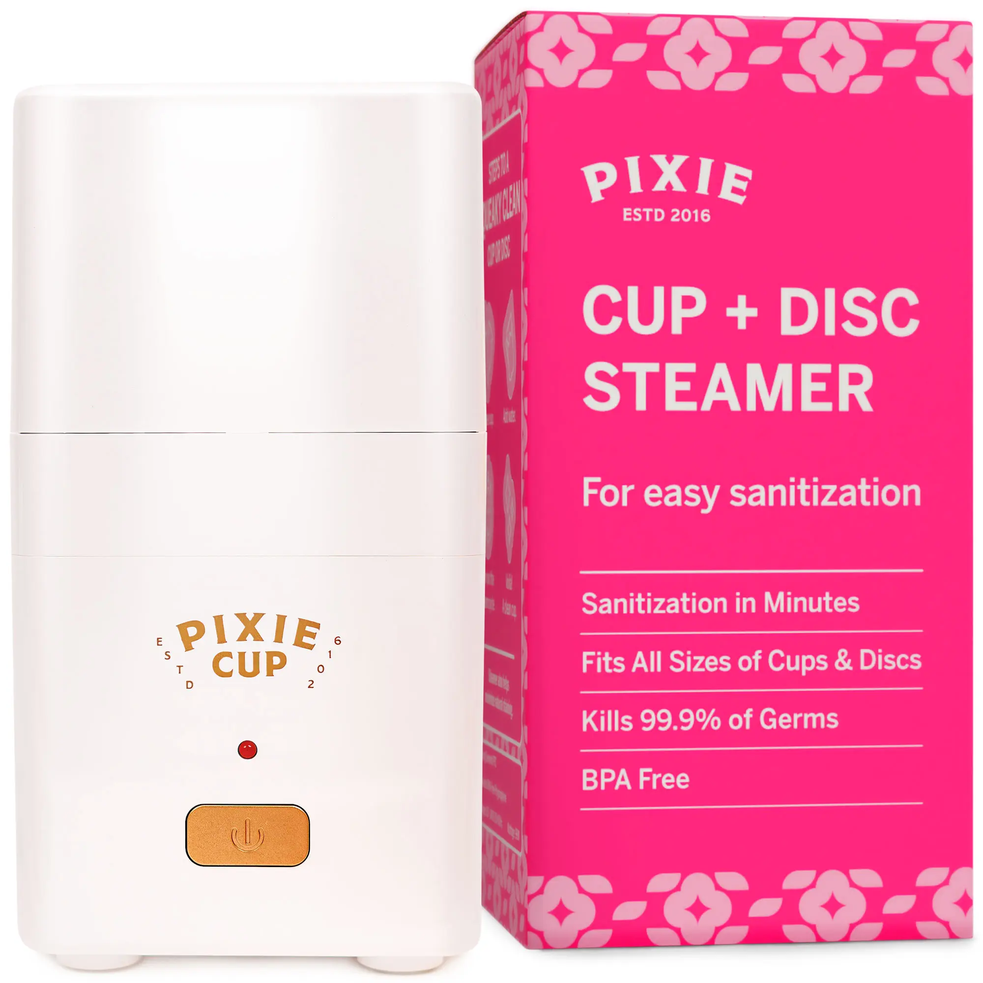 Pixie Menstrual Cup Sterilizer - Ranked 1 for The Best Steamer - Kills 99.9% of Germs with Cleaner Steam - Wash Your Period Cup or Disc in 3 Minutes! - Automatic Timing Shut-Off Switch