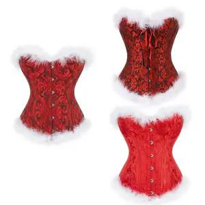 Christmas Ladies Corset Tops, Women Flower Printing Feathers Splicing Front Buckle Back Tie UpShapewear Cosplay Costume Casual Clothes Everyday Style