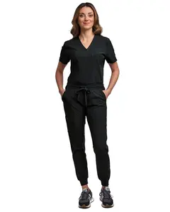 Scrubs for Women Scrub Set - Jogger Pant and Tuck-In V-Neck Top, Yoga Waistband, Nursing Uniform-Black-Medium