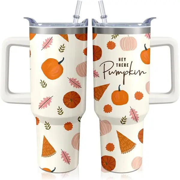 40oz Autumn Gift Fall Tumbler with Handle and straw, Pumpkin Maple Orange Leaves Stainless Steel Insulated Cup, Coffee Mug Water Bottle for Thanksgiving