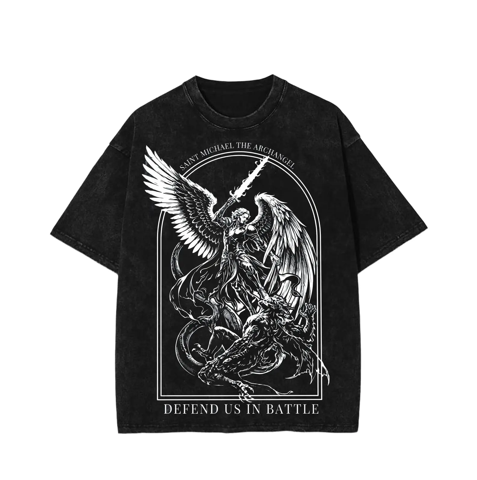 BACK TO SCHOOLSaint Michael Archangel Graphic Wash T Shirt, Christian Faith Shirt, Religious Vintage Tee, Angel Warrior Shirt, Spiritual Protection Gift fathersdaygift