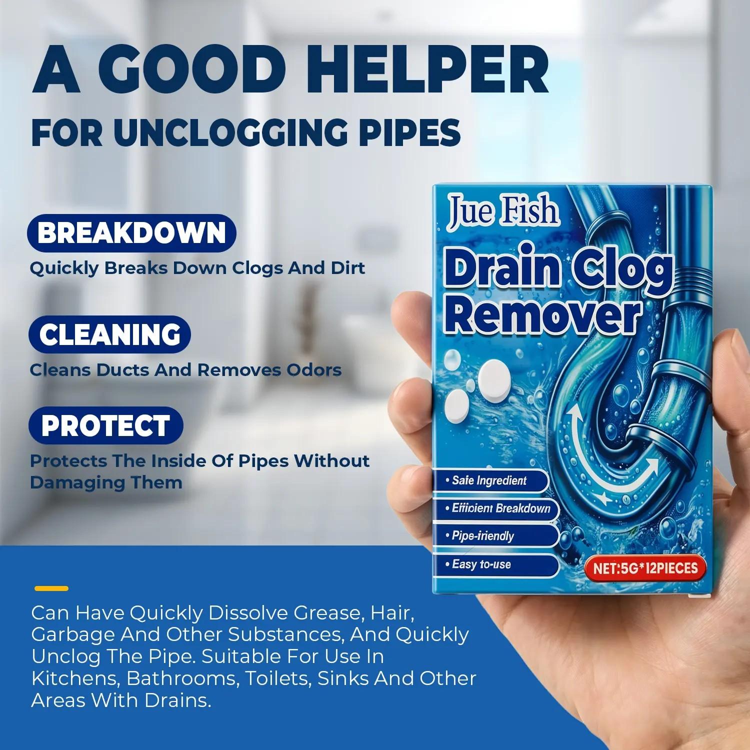 Strong Drain Effervescent Tablet for Kitchen & Bathroom Pipes, Dissolves 200 Clogs, Kills 99% Bacteria, Removes Odors, Unscented, 1 Box