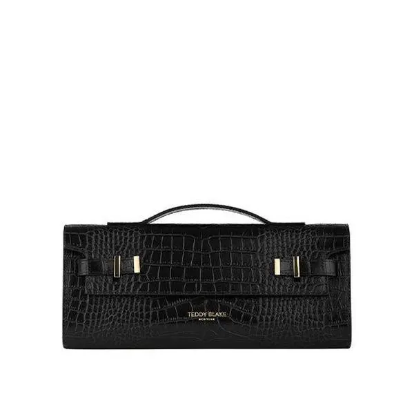 Women's Minimalist Flap Croc Embossed Calfskin Raya Evening Clutch, 12" - Flap Closure with Metal Accent, Detachable Chain Strap, Compact Evening Silhouette, Designer Clutch Purses for Women, Teddy Blake Made in Italy, Weddings, Formal Events & Parties