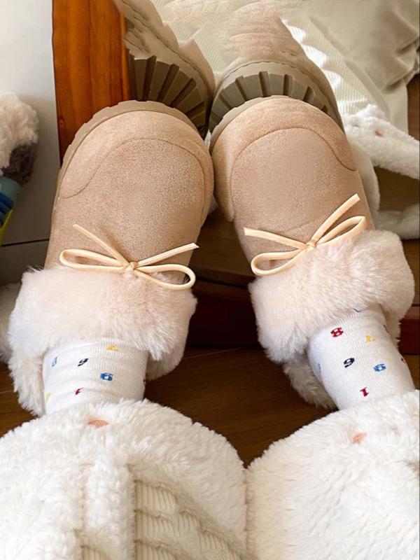 Women's Plush Slippers with Sweet Bow Design, Warm Winter Indoor & Outdoor Shoes, Comfortable Casual Footwear for Fall Season, Home Footwear