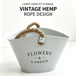 North European Style Hemp Rope Handheld Iron Flower Pot, Vintage Rustic Floral Arrangement Bucket, Desktop Balcony Greenery Decorative Planter