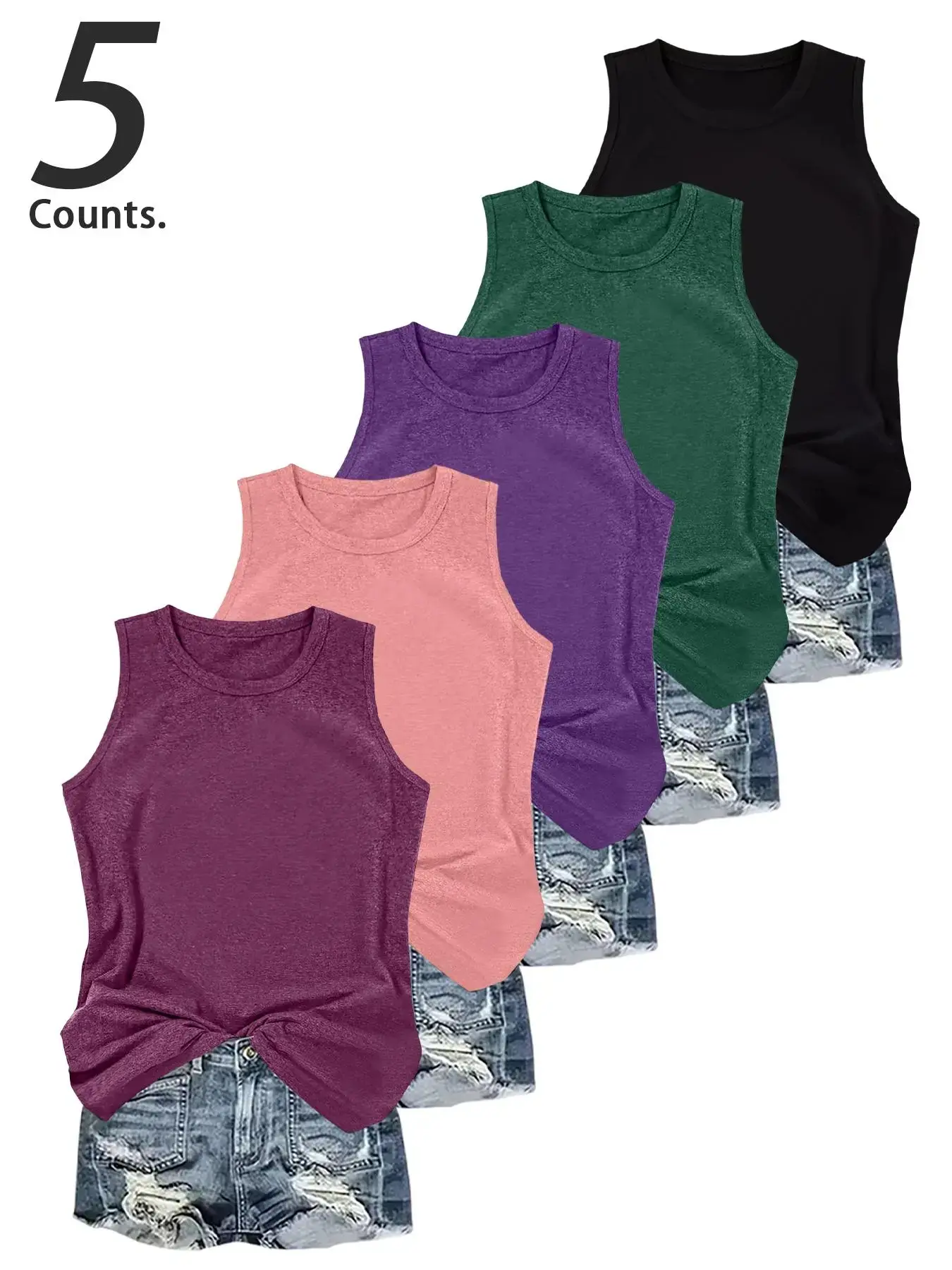 Fashion Casual Plain Sleeveless Tank Tops, H-Type Fitted Backless Design, All-Season Wear, Available in 5-Piece Set or 3-Piece Set