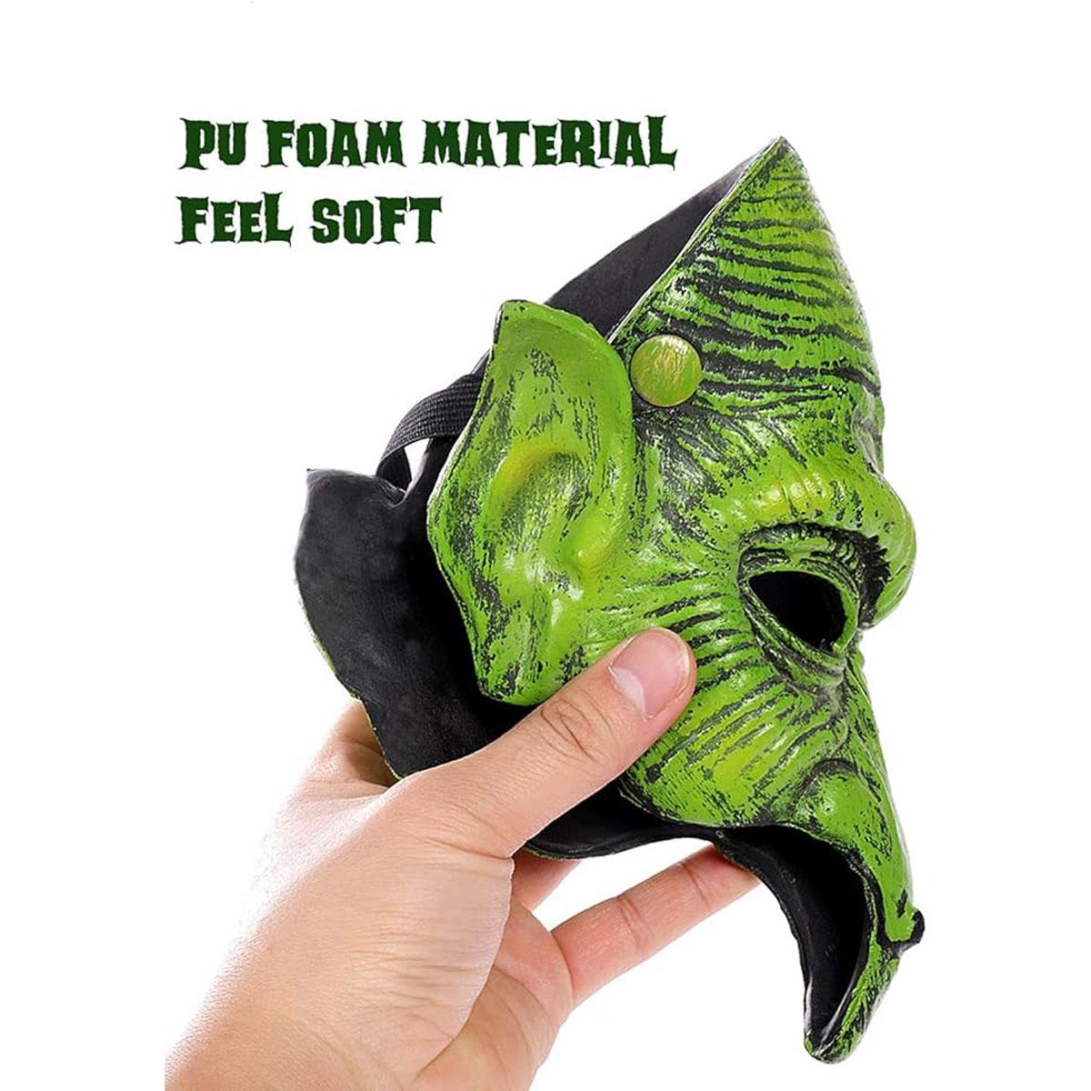 green goblin mask，Horror Green Witch Mask, realistic pleated texture and pointed ear design, suitable for cosplayers with Halloween horror themes, haunted house carnival prank props, movie night role-playing theme party decoration accessories