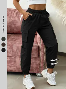 Women's Sexy Woven Cargo Pants with Pockets, Casual Drawstring Fitted Workwear, All Season Comfortable Daily Wear