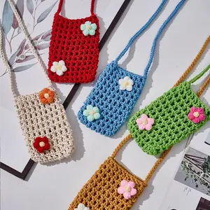 Hand-woven hollow-out phone bag, fresh and lightweight, versatile cotton rope DIY weaving, women's shoulder bag, crossbody bag