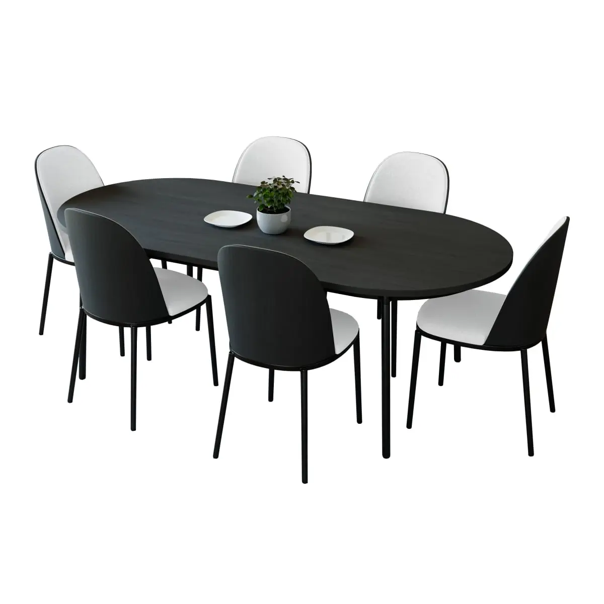 LeisureMod TT70-CBL18-W Tule 7-Piece Contemporary Mid-Century Dining Set, Steel Frame, 71in Oval MDF Top Table, 6 Upholstered Velvet/Pu Leather Seats, High-Density Foam, Easy Setup, Black & White