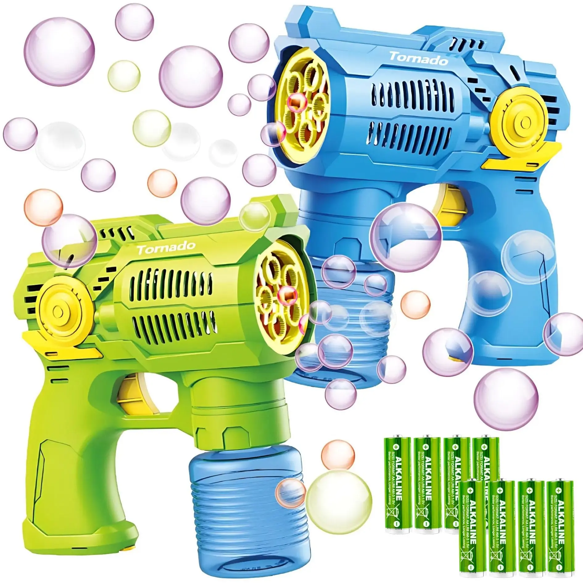 2-Pack Bubble Gun Set with Batteries – Automatic Bubble Blower Toys for Kids & Toddlers | 1 Blue + 1 Green Bubble Shooter with Solution Included | Outdoor Fun & Ready to Play