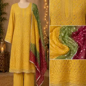 Three Piece Kameez Shalwar Set in Vibrant Yellow with Green and Red Accents for Festive Wear