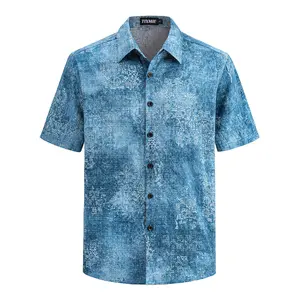 TIXMIE Menswear Floral Washed Blue Damask Hawaiian Shirt - Short-Sleeve Button-Down, Breathable Cotton-Blend, Regular-Fit Casual Top for Summer Beach Vacation, Perfect Father's Day Gift，good graphic tees，cotton graphic tees，shirt，camo