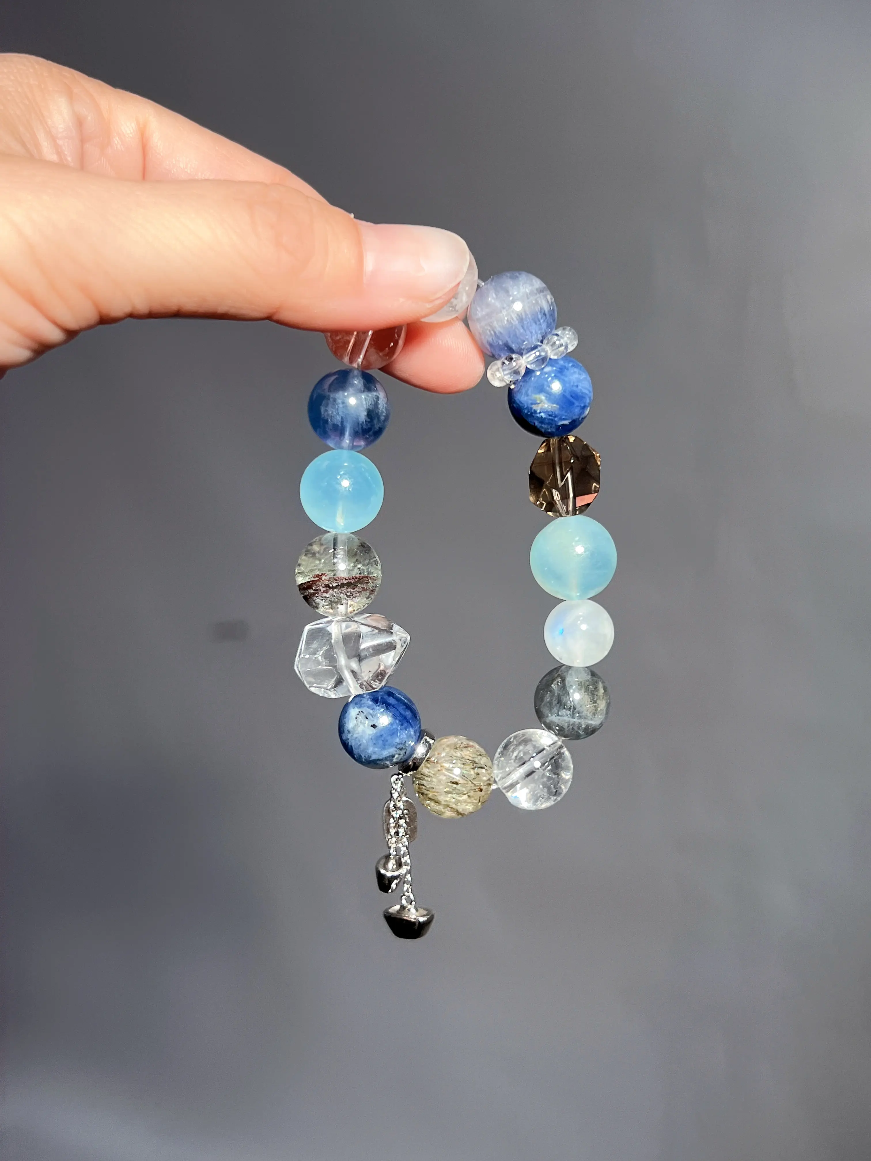 Mixed Gemstone Statement Bracelet, Aquamarine Kyanite Super Seven Phantom Quartz Smoky Quartz Clear Quartz Bracelet 10–13mm Gift for Her