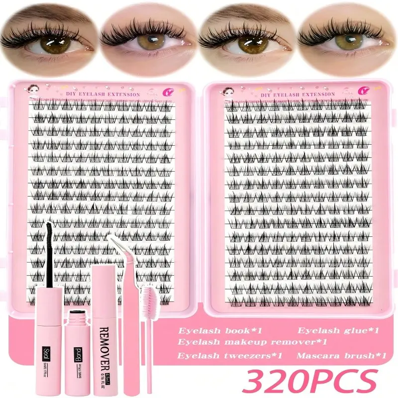 320pcs D Curl False Eyelashes Set, Includes Beginner Tutorial, Thick Fluffy DIY Segmented Lashes, Reusable Lightweight, Home DIY, Travel, DIY Eyelash Extensions